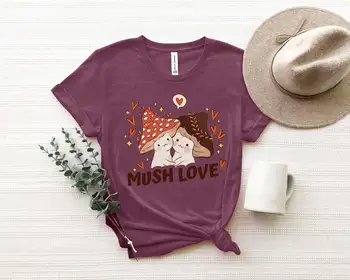 Mantar T-shirt Bayan Grafik Sevimli Aşk Hediye Onun Kalp Mantar Sevgilisi Sevgililer Günü Kısa Kollu Üst Tees O Boyun harajuku