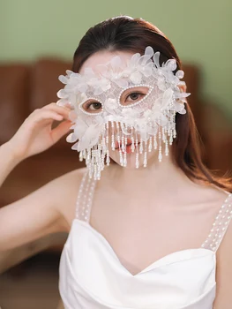 Maske İçi Boş Dantel Çiçek Nakış İnci Püskül ile kadın Tam Yüz Seksi Uygun Maskeli Parti Performans Sahne Moda