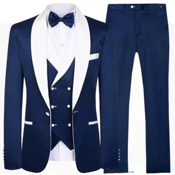 Mavi Ekleme erkek Takım Elbise 3 Adet Beyaz Şal Yaka Casual Smokin Takım Elbise Erkek (Blazer+Yelek+Pantolon) düğün Groomsmen 2023