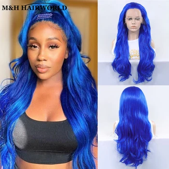 Mavi Sparkle Vurgulamak Renk Sentetik sırma ön peruk Kadınlar Için Cosplay Dalgalı ısıya Dayanıklı saç peruk Tutkalsız sırma ön peruk