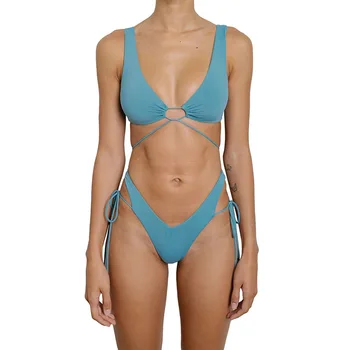 Mayo 2023 Kadın İki Parçalı Mayo Seksi Tanga Düz Renk Bikini Setleri Minimalist Retro Ayarlanabilir Bandaj Beachwear Biquini