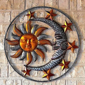 Metal Güneş Ay Yüz Heykel Heykeli Duvar Sanatı askı süsleri Ev Kapalı Açık Bahçe Ofis Masası Dekorasyon