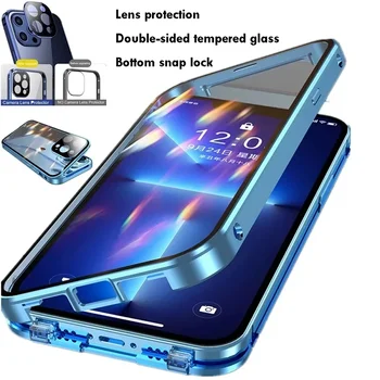 Metal Manyetik Çift Taraflı Cam Kapak İçin Çift Güvenlik Kilidi İle iPhone 14 15 Pro Max iPhone13 12 11 12Mini Lens Çantası