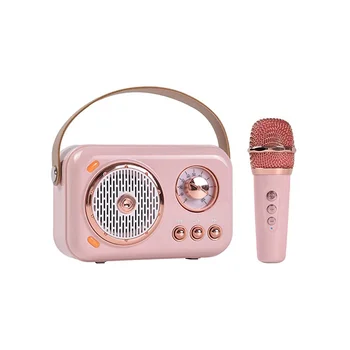 Mikrofon Seti ile Taşınabilir Bluetooth Hoparlör, Ev ile Vintage Bluetooth Hoparlör (Pembe)