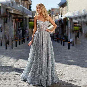 Moda Balo Resmi Elbise 2024 Seksi Sevgiliye Spagetti Sapanlar Parlak Tül Payetli A-line Kat Uzunlukta Akşam Partisi Törenlerinde