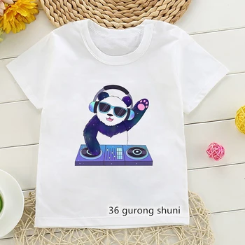 Moda Erkek T-Shirt Komik Dj Panda Karikatür Baskı Tees Yaz Çocuk Tshirt Harajuku Kawaii Kız T Shirt Beyaz Kaşkorse Tops