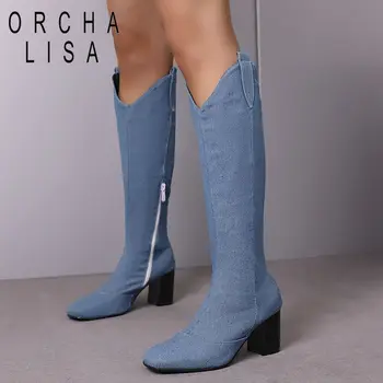 ORCHA LISA Marka Denim Batı Diz Yüksek Çizmeler Kare Ayak Blok Topuklu 7 cm Fermuar Kovboy Çizmeleri Rahat Kadın Patik Artı Boyutu 46 47 48