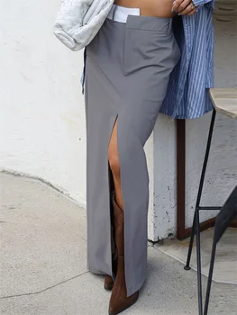 Otoriter Patchwork Yüksek Bel İnce Maxi Etek Kadın Düz Yüksek Bölünmüş Zarif Moda Uzun Etek Yüksek Sokak Kontrast Uzun Etek