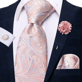 Paisley Pembe Kravat Broş İpek Zarif Düğün Kravat Erkekler İçin Handky Kol Düğmesi Moda İş Parti Hi-Kravat Tasarımcı