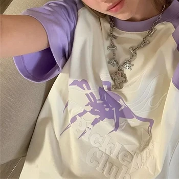 Pamuk Yaz Yeni Gevşek Amerikan Yüksek Sokak Harajuku Moda Y2K Desen Baskı Çok Yönlü Tatlı Kısa Kollu kadın tişört