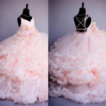 Pembe Çiçek Pageant Elbise Düğün İçin çocuk balo elbisesi Katmanlı Ruffles Backless İlk Communion Elbise Kızlar İçin