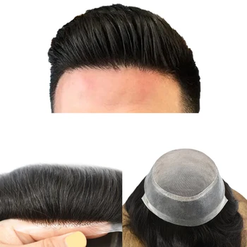 Peruk Erkekler için gerçek insan saçı Üniteleri Dayanıklı İnce Mono Saç Protezi Erkek Peruk Poli Cilt Etrafında Saç Değiştirme Sistemi