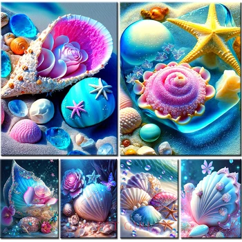 Plaj Çiçekleri 5D Elmas Boyama Fantezi İnci Kabuk Sahil Manzara Tam Elmas Nakış Mozaik yatak odası dekoru EE3232