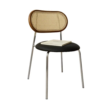 Rattan yemek sandalyeleri, basit küçük daireler, retro mobilya, yumuşak döşeme, rahat katı ahşap arkalığı sandalyeler