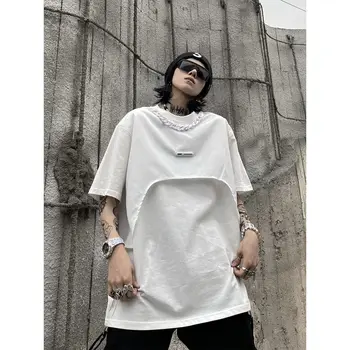 Sahte İki Parçalı Yelek Yuvarlak Boyun Uzun Kollu Erkek T Shirt 2024 Yeni yaz giysileri Overiszed Rahat Japon Streetwear Zinciri İle
