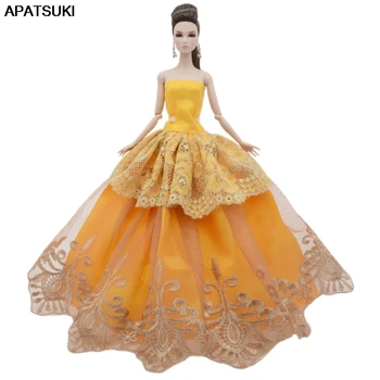 Sarı Dantel düğün elbisesi İçin barbie bebek Kıyafetler Moda oyuncak bebek giysileri Parti Kıyafeti İçin 1/6 BJD Bebek Aksesuarları Çocuk Oyuncakları