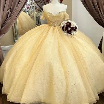 Sarı Parlak Quinceanera Elbiseler Tatlı 16 Kızlar Için Boncuk Kristal Sevgiliye Prenses balo elbisesi Kat Uzunluk Tül Vestidos 15