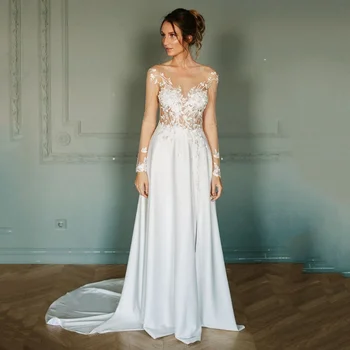 Seksi Backless Boho düğün elbisesi Yan Bölünmüş 2023 Uzun Kollu Aplikler Dantel Illusion gelinlikler Vestidos De Novia