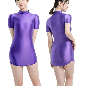 Seksi Kadın yağ Parlak kalça elbise elastik parlak sıkı etek yüksek boyun kısa kollu pürüzsüz rahat spor Kısa etek