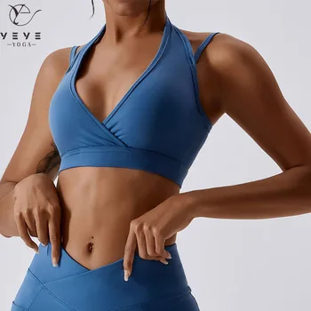 Seksi Naylon Yastıklı Yoga Spor Sütyen Üst Kadın Racerback Kablosuz V Boyun Egzersiz Spor Sutyen Kırpma Üstleri