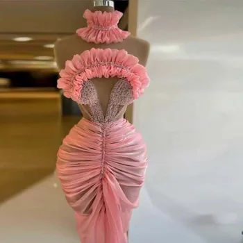 Seksi Pembe Balo Elbise Kapalı Omuz vestido de curto Kılıf Kısa balo kıyafetleri Katmanlı Cut Out Kolsuz Mini Parti Törenlerinde
