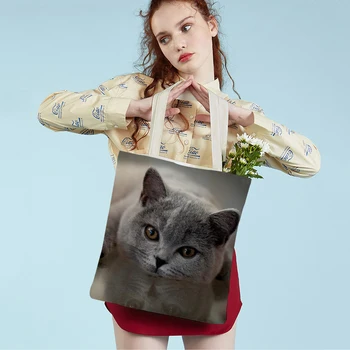 Sevimli Kedi Pet Hayvan Bayan Öğrenci Tuval Tote Çanta Kullanımlık Mavi İngiliz Stenografi Çift Baskı Rahat alışveriş çantası Kadınlar için