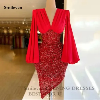 Smileven Kırmızı Ling Parlama Kollu Abiye Seksi V Boyun Kısa balo kıyafetleri Sequins Örgün Akşam Partisi Törenlerinde 2022
