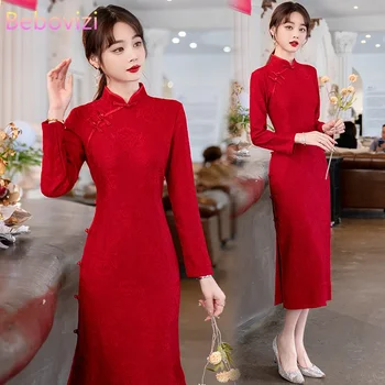 Sonbahar Uzun Kollu Vintage Çin Geleneksel düğün elbisesi Akşam Yemeği High-end Akşam Kırmızı cheongsam Yeni Yıl CNY