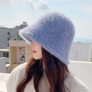 Sonbahar ve Kış Yeni kadın Japon Sıcak Tavşan Saç Kova Şapka Açık Seyahat Moda Düz Renk Yuvarlak Top Pot Şapka