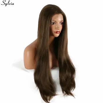 Sylvia Doğal Kahverengi / Siyah 1B Peruk Uzun Düz ısıya dayanıklı Saç Sentetik Dantel ön peruk Kadınlar ıçin Günlük Cosplay Parti Kullanımı