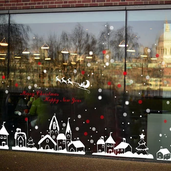 Toptan DIY Noel Baba Noel Ağacı Büyük Duvar Sticker pencere camı Kar Kasaba Ren Geyiği Posteri Dekorasyon Ev Duvar Resmi