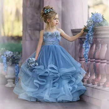 Tozlu Mavi Çiçek Kız Elbise Düğün için Robe De Mariage Çocuklar Pageant Törenlerinde Tül Ruffled İlk Communion Elbise