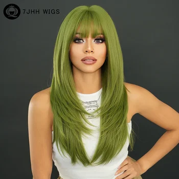 Uzun Düz Yeşil Peruk Kadınlar için Doğal Sentetik Gevşek Katmanlı Saç Peruk Perde Patlama ile Yüksek Yoğunluklu Vanilya Cosplay Peruk