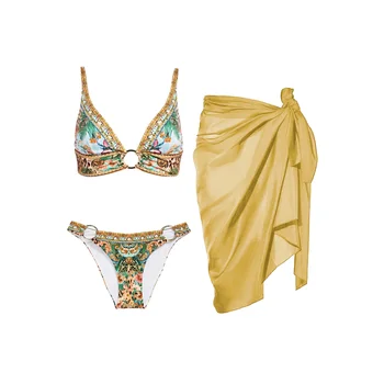 Vintage Baskı V Boyun bikini seti ve Örtbas Moda İki Parçalı Mayo Kadınlar Lüks Plaj Mayo Mayo Beachwear 2024