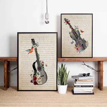 Vintage Gitar Çiçekler Posterler Sanat Müzik Kornet Saksafon Tuval Boyama Baskı Resimleri Duvar Ev Oturma Odası Dekor