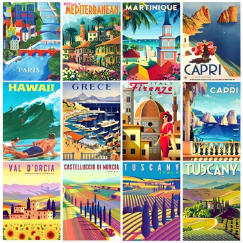 Vintage Ünlü Şehir Manzara Posterler Metal Tabelalar İtalya Fransa Yunanistan Hawaii Retro Plaka duvar sanat dekoru Oturma Odası için Ev