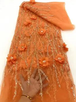 XML Afrika Doku Dantel Kumaş 5 Yards Nijeryalı Fransız 3D Çiçek Dantel Kumaş Sequins Boncuk ile Düğün Parti Elbise İçin giysi