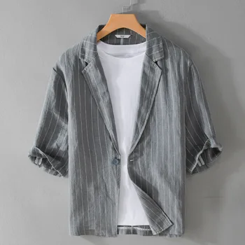 Y807 Bahar Yaz Yarım Kollu Blazers Palto Klasik Çizgili Tek Toka Iş Rahat Ince Günlük Erkek Keten Gömlek Tops