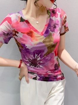 Yaz Moda Baskılı Çiçek Örgü Tee T Shirt kadın Kısa Kollu V Boyun Yüksek Sıkı Üst Giyim