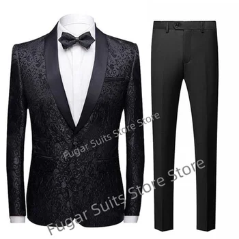 Yeni stil İş Düğün Konak Baskı Erkek Takım Elbise Slim Fit Koyu Siyah Şal Yaka Damat Resmi Smokin Lüks 2 Adet (Blazer + Pantolon)