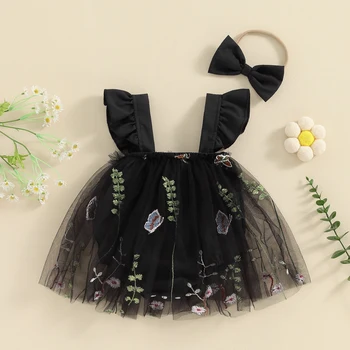 Yenidoğan Kız Kıyafet Fly Kollu Tül Patchwork Nakış Çiçek Romper Elbise Kafa Bandı ile yaz giysileri