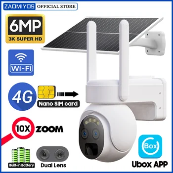 ZAOMIYOS 6MP 10X Zoom Çift Lens 4G SIM Güneş Kamera Açık Renkli Gece Görüş Dahili Pil Güvenlik PIR 4K