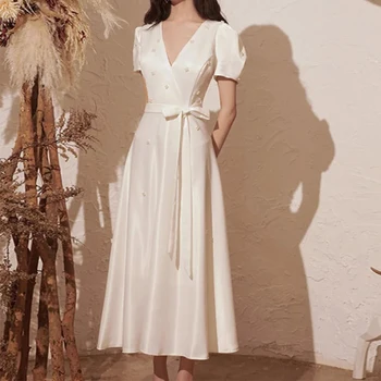 Zarif kısa düğün elbisesi Puf Kollu Derin V Yaka Yay Kemer ile A-Line Saten Gelin Sivil Önlük Custom Made Renkli Önlük