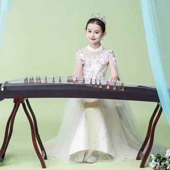 Çin Tarzı Kızlar Halk Dans Peri Kostüm Hanfu Prenses Şampanya Aplike Boncuk Elbiseler Çocuklar Parti Cosplay Giyim