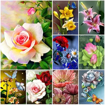 Çiçek 5D DİY Elmas Boyama Zambak Gül Elmas Mozaik Taklidi Nakış Tam Yuvarlak Elmas Çapraz Dikiş Ev Hediye Seti