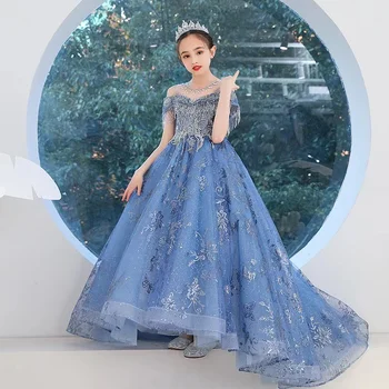 Çocuk Gelinlik Kızlar için Zarif Mavi Dantel Çiçek Kız Prenses Uzun Elbise Çocuklar Noel Elbise Akşam Balo Parti Vestidos