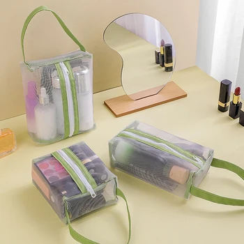 Örgü Şeffaf Kozmetik Çantaları Temizle Pembe Yeşil Makyaj Çantası Taşınabilir Seyahat Tuvalet Organizatör Kadın Güzellik çanta