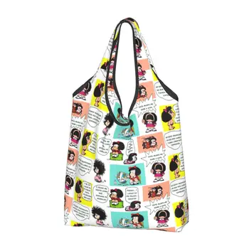 Özel Manga Quino Mafalda Alışveriş Çantaları Kadın Taşınabilir Büyük Kapasiteli Bakkal Kawaii Karikatür Tote Alışveriş Çantaları