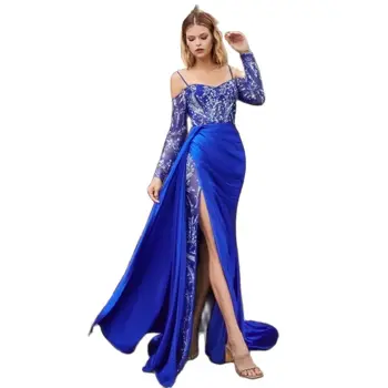 Özel Spagetti Sapanlar Kraliyet Mavi Uzun Kollu Abiye Yüksek Yarık Mermaid Aplikler Draped Saten vestidos de novia C24149